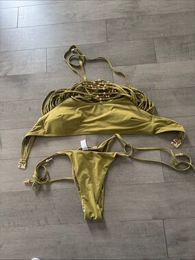 SHEIN Olive Green Strappy Bikini Set Beaded Lattice US M